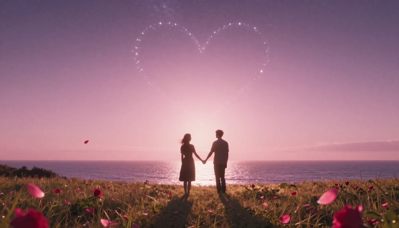 A dreamy and romantic scene featuring two silhouettes holdin...