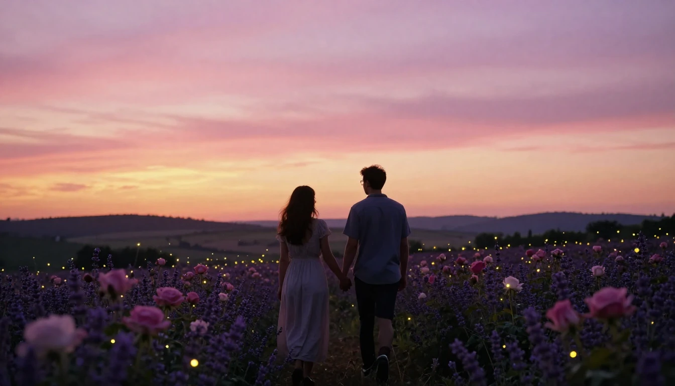 A dreamy and romantic scene of a couple's silhouettes walkin...