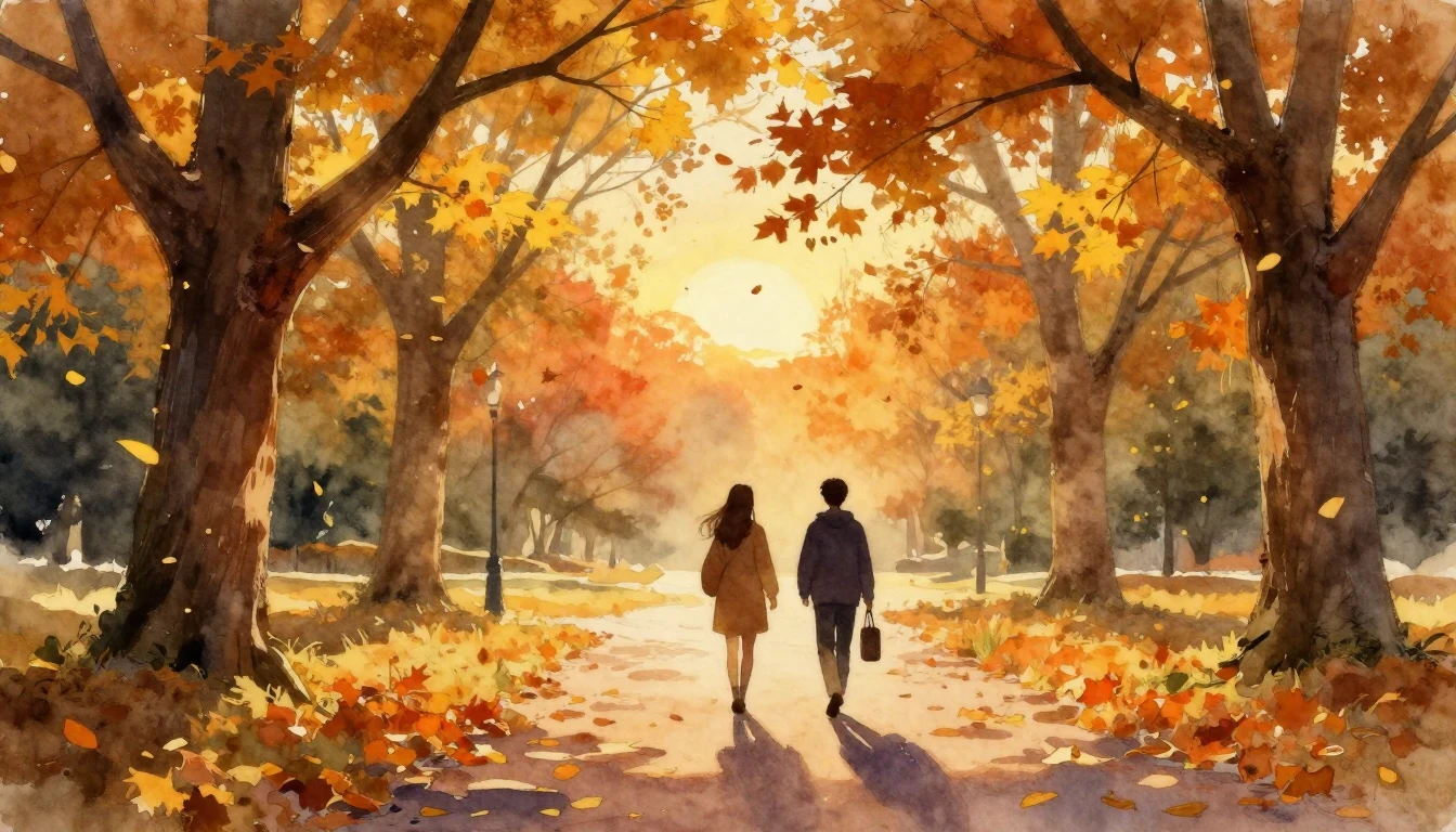 A warm and nostalgic watercolor painting of two friends silh...