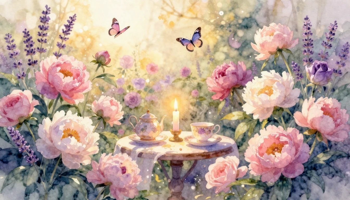 A dreamy and vibrant watercolor painting of a lush garden fi...