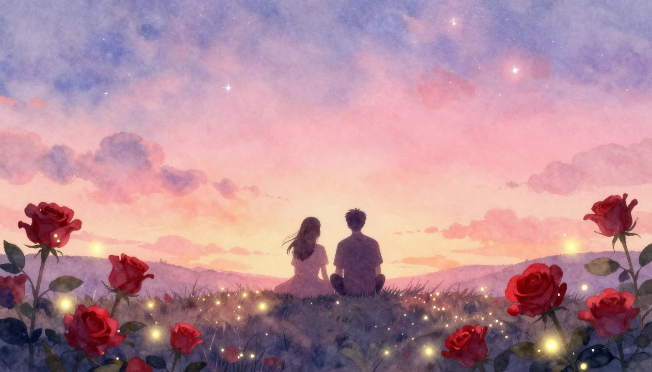 A soft and dreamy watercolor painting depicting a romantic e...