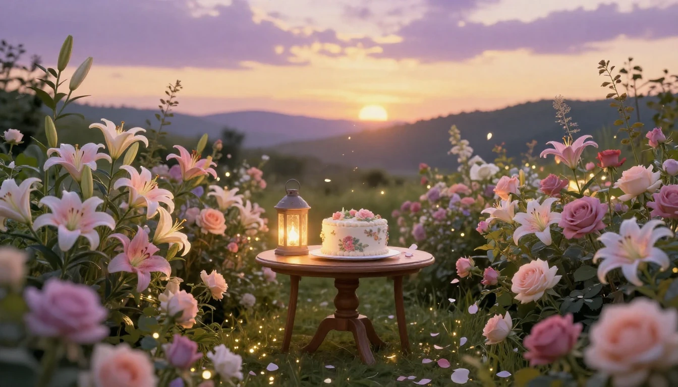 A serene and enchanting scene of a lush garden at sunset, fi...