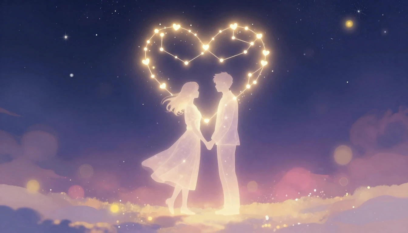 A romantic and dreamy illustration featuring two translucent...