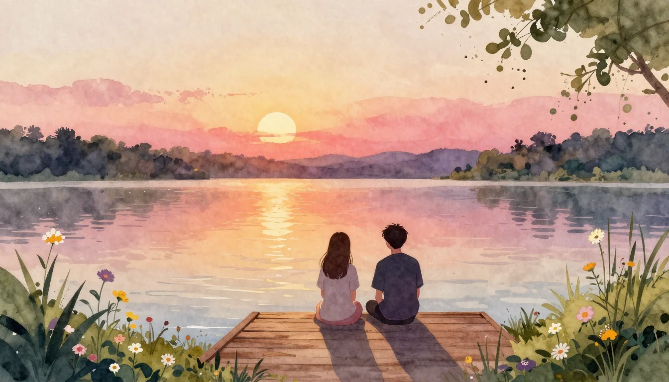 A warm and cozy watercolor illustration depicting two silhou...