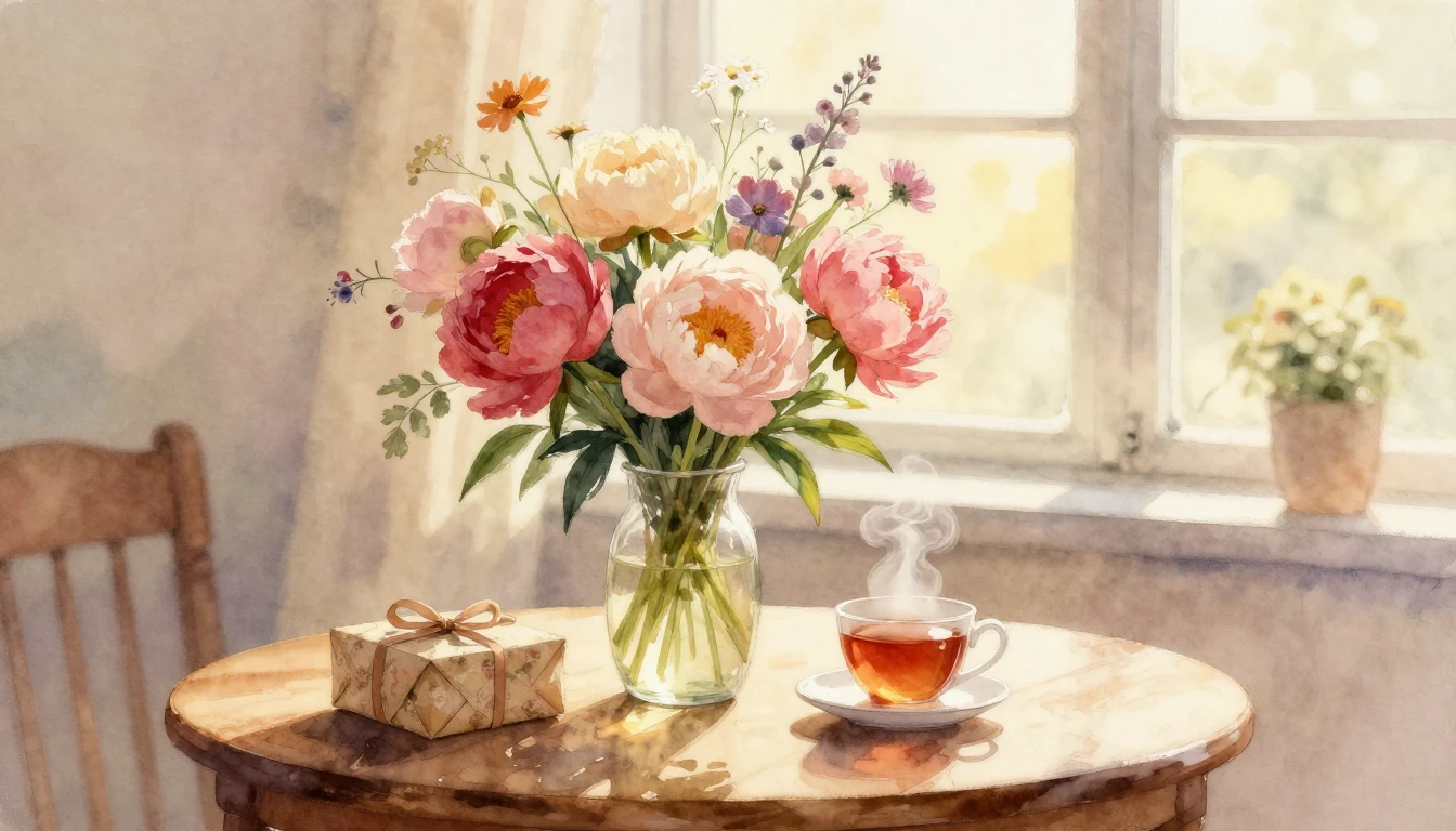 A soft and warm watercolor painting depicting a cozy indoor ...