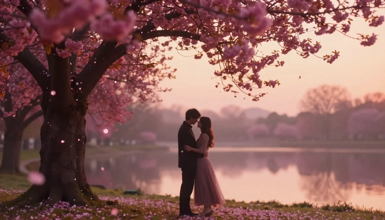A romantic and ethereal scene in a lush garden during a soft...