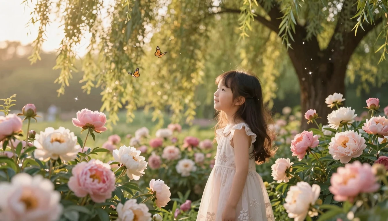 A beautiful young girl standing in a lush, magical blooming ...