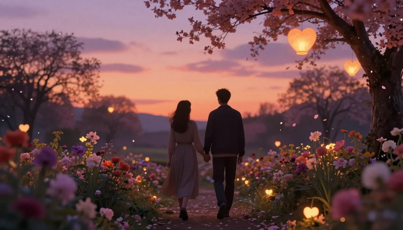 A cozy and romantic scene of two people silhouettes walking ...