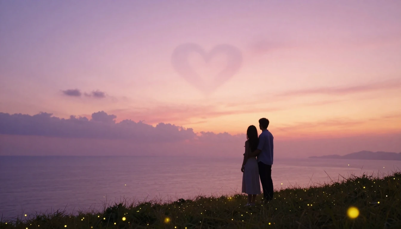 A dreamy and romantic scene featuring the silhouettes of a c...