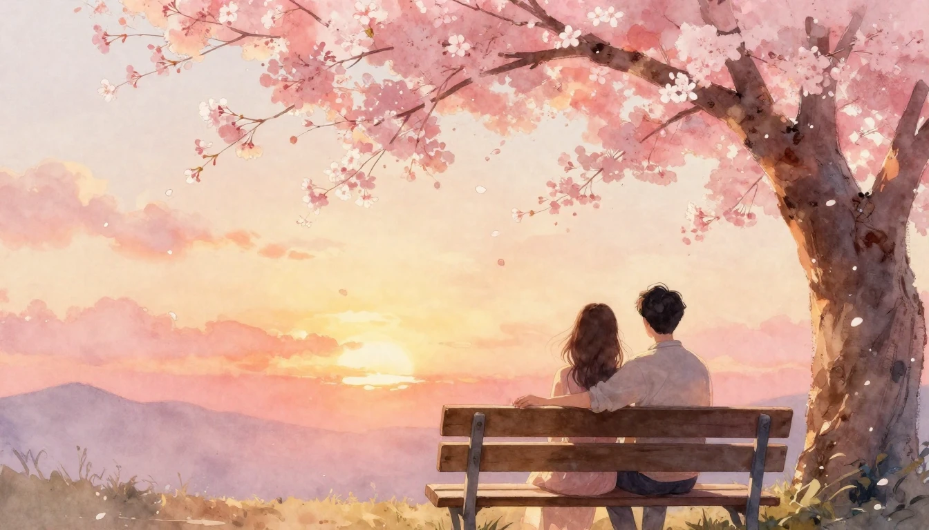 A romantic watercolor painting of a couple sitting on a wood...