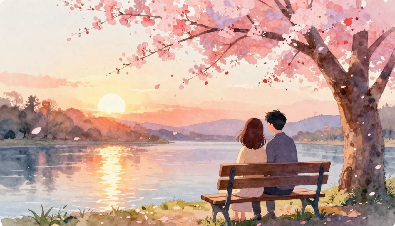 A beautiful watercolor illustration of a romantic couple sit...