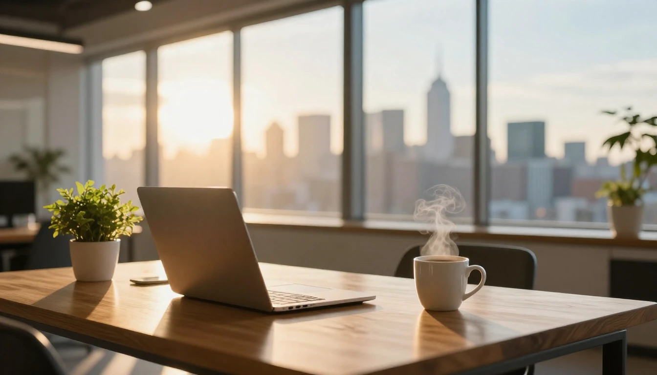 A cozy and modern office workspace bathed in the golden ligh...
