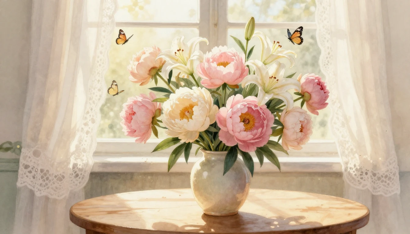 A soft and ethereal watercolor painting of a lush, vibrant b...