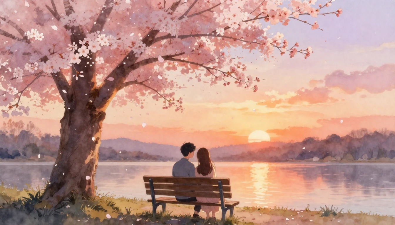 A dreamy watercolor painting of a romantic couple sitting to...
