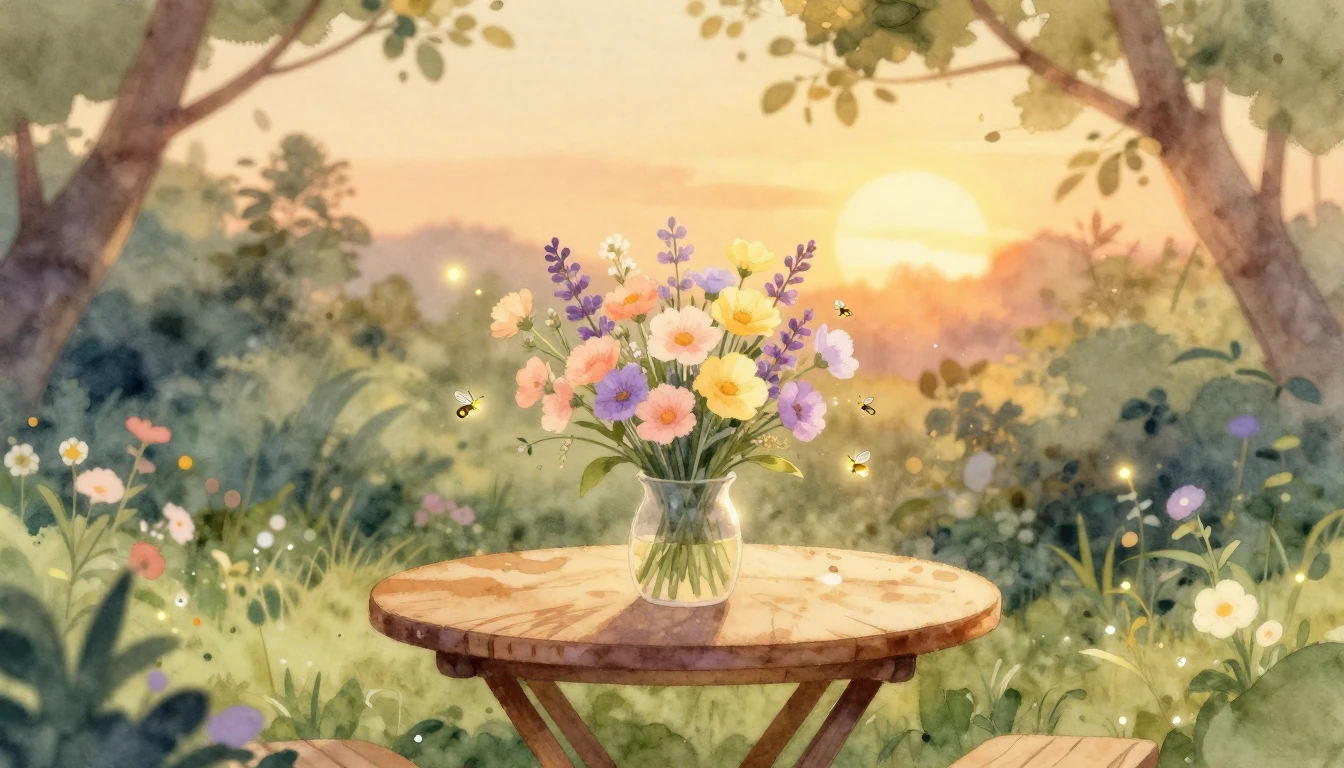 A beautiful and warm watercolor illustration of a cozy garde...