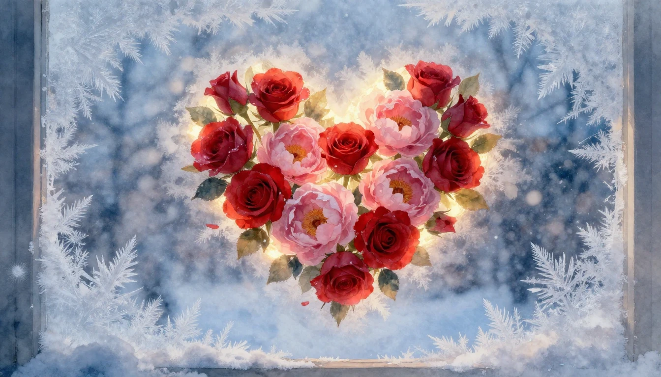 A soft, dreamy watercolor painting representing love in wint...