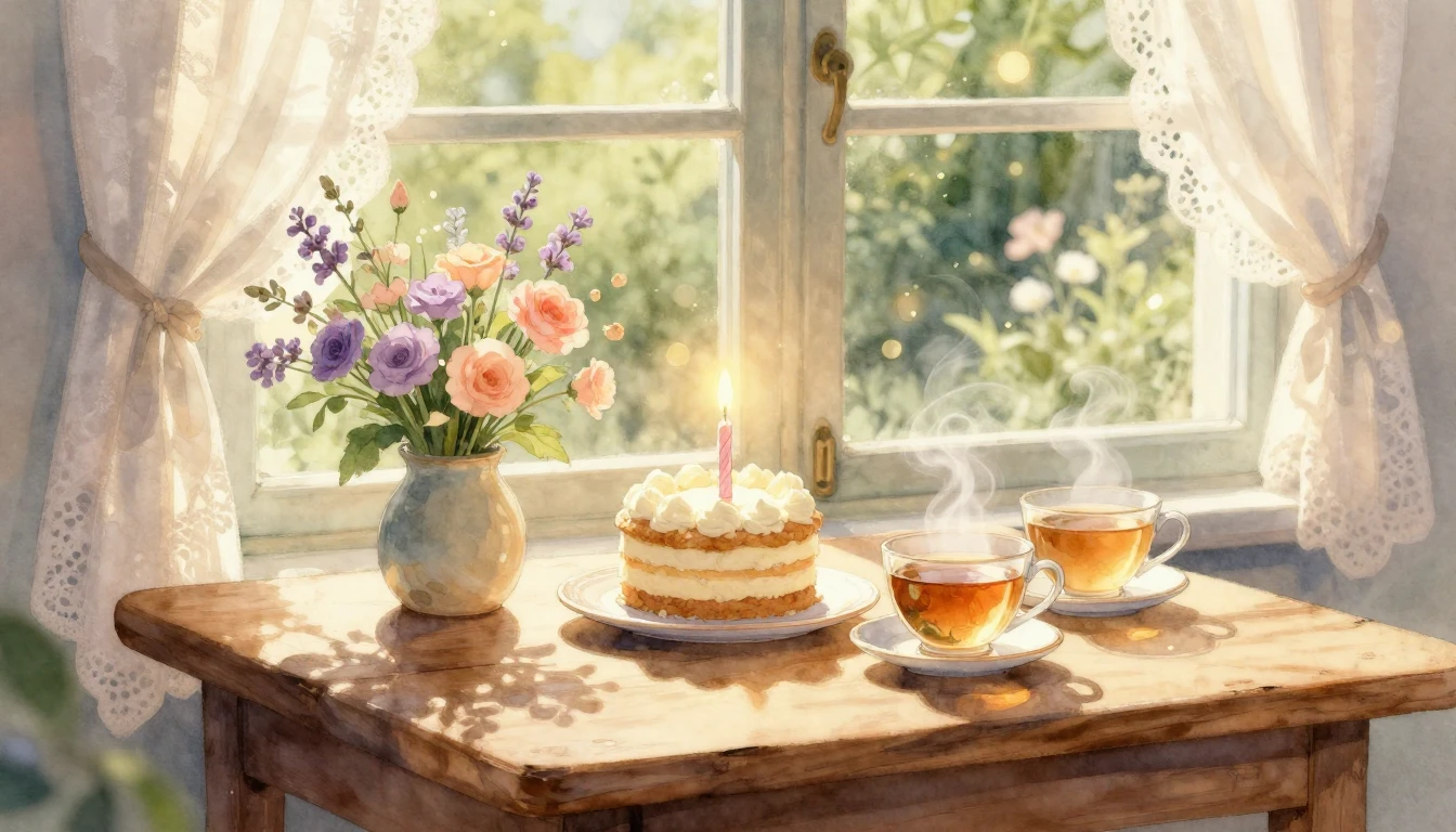 A beautiful watercolor painting of a cozy wooden table near ...