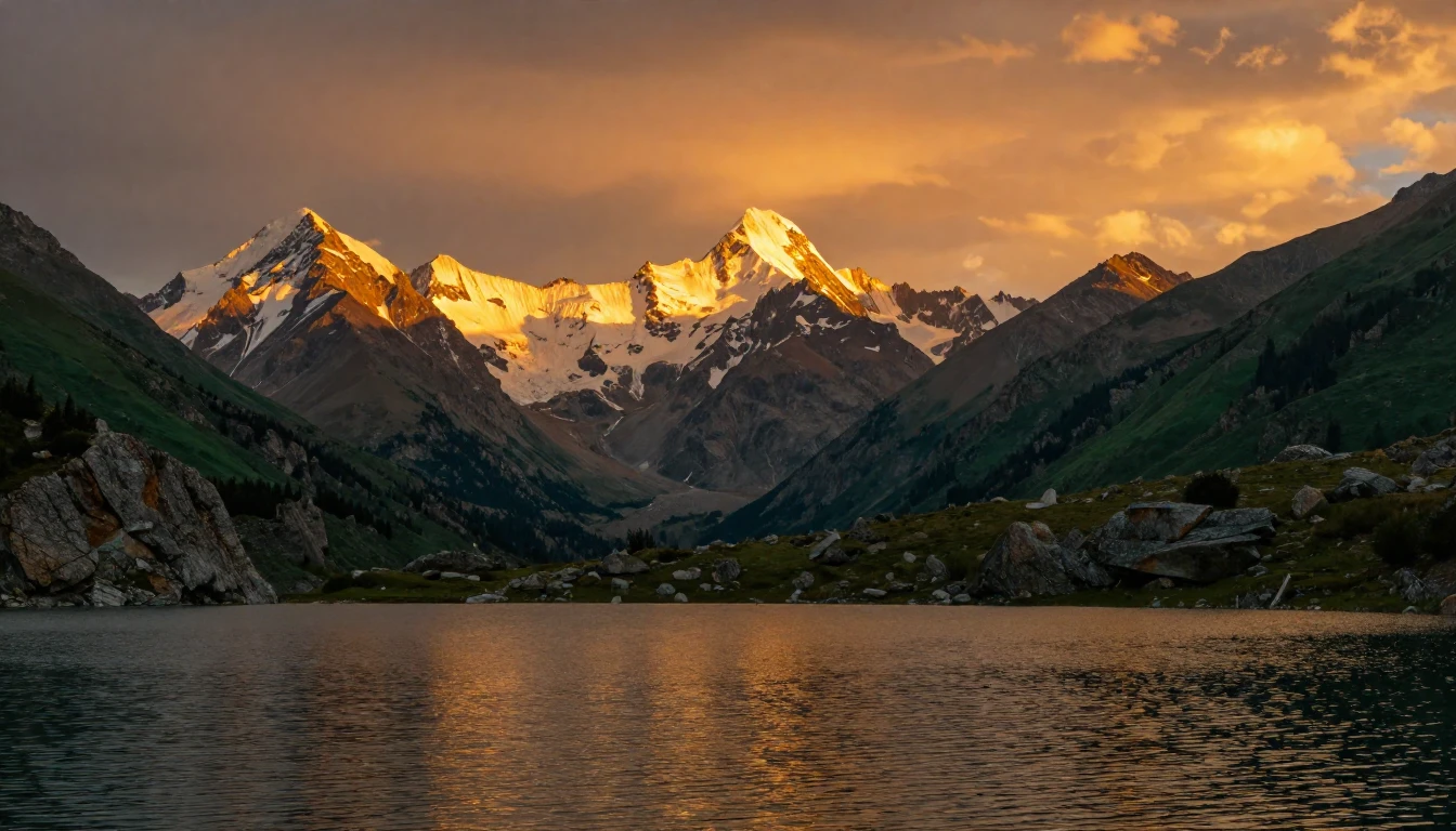 A serene and majestic landscape of the Tien Shan mountains a...