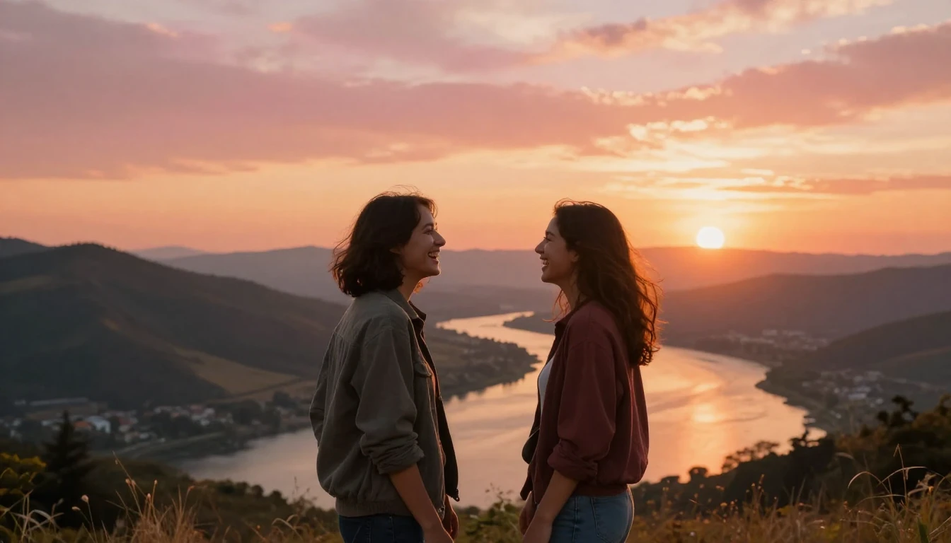 A heartwarming scene of two close friends standing on a hill...