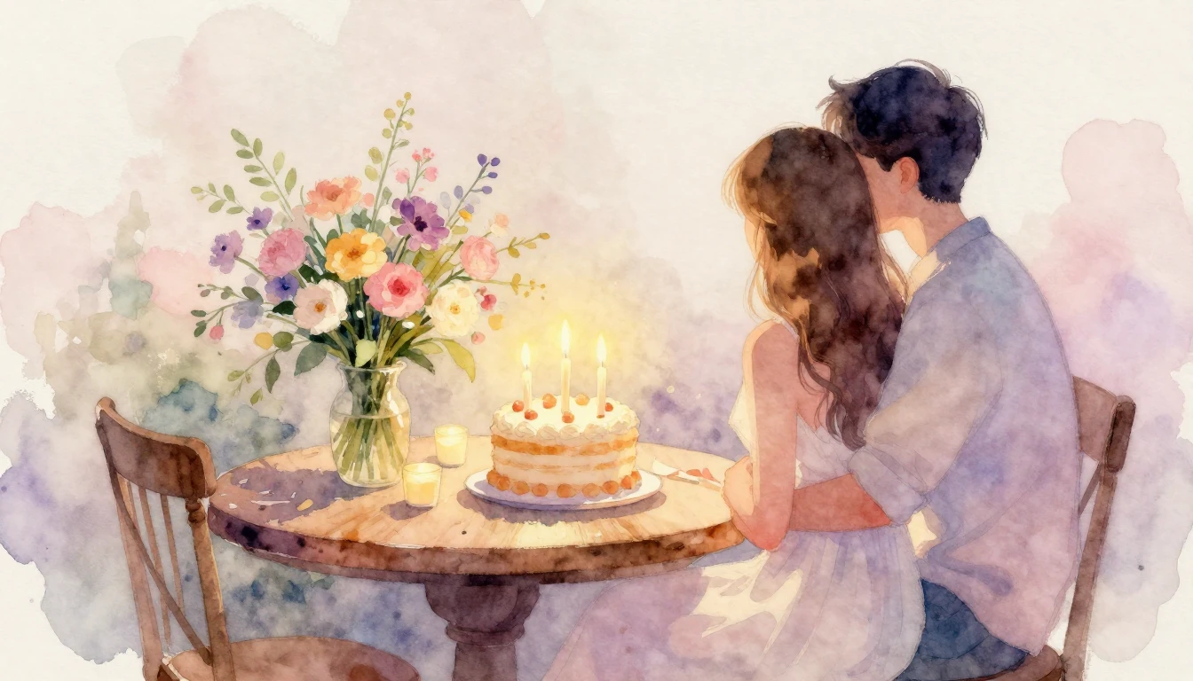 A soft and romantic watercolor painting depicting a cozy cel...