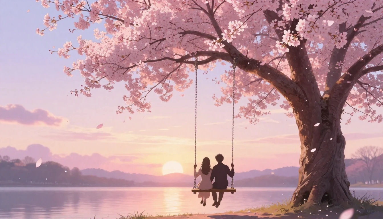 A dreamy and romantic scene featuring a silhouette of a coup...