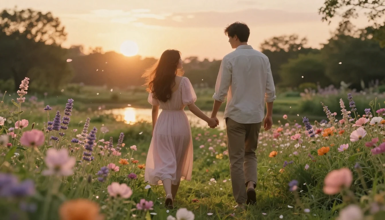 A romantic and dreamlike scene of a couple holding hands whi...