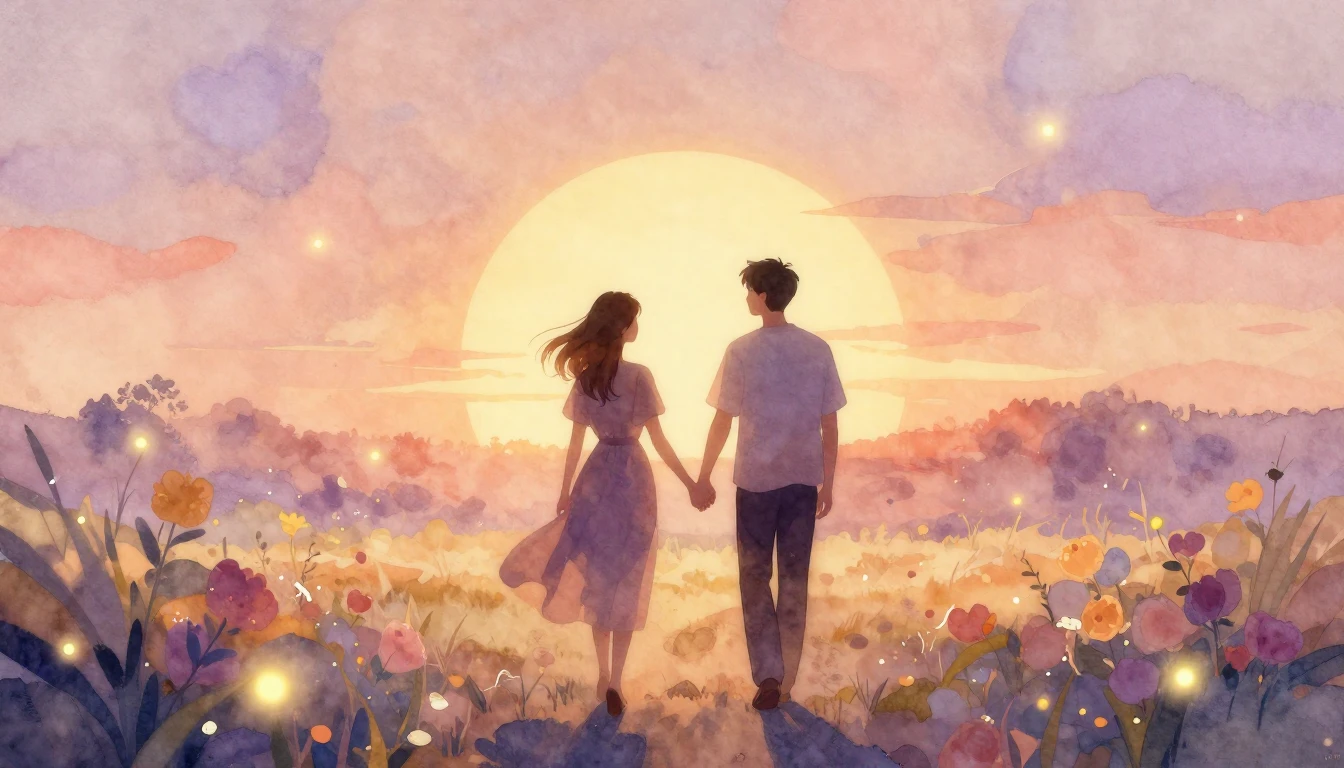 A romantic and dreamy watercolor painting depicting two silh...