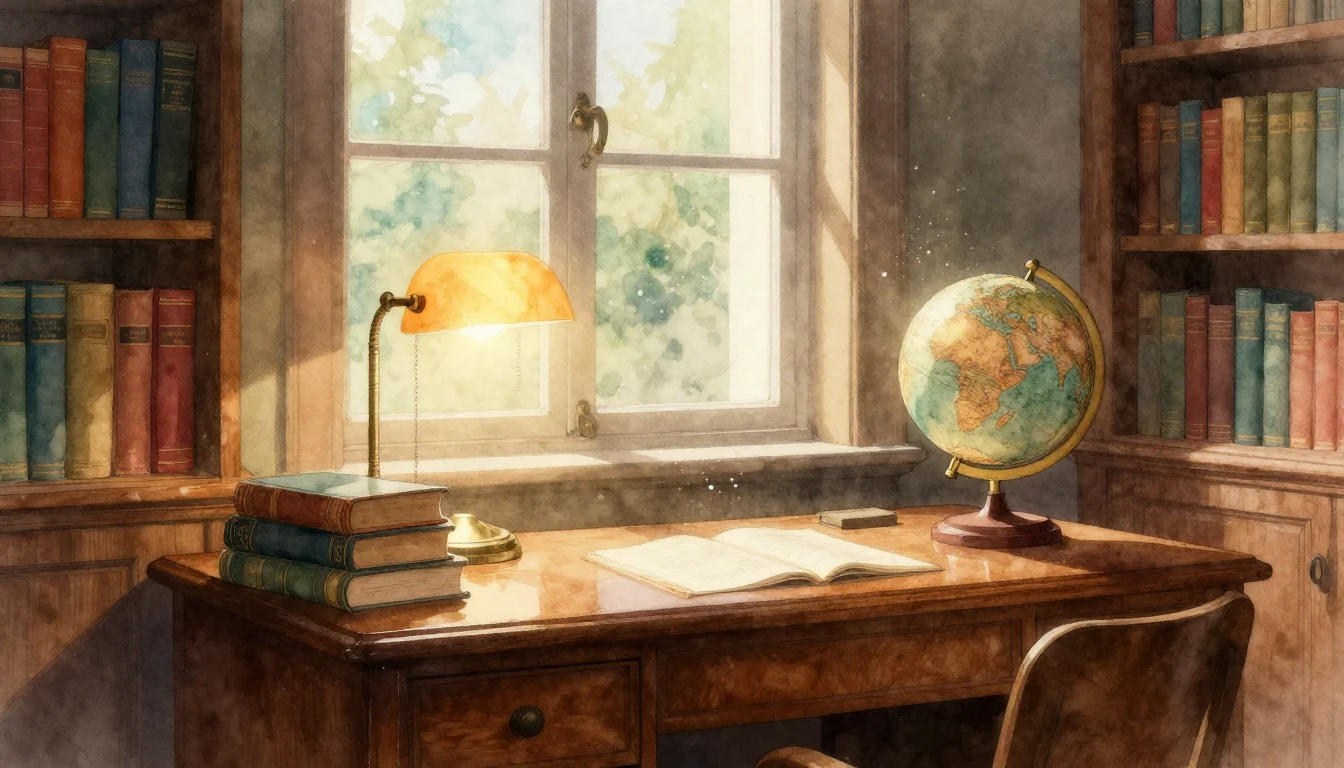 A serene and warm scene of a sun-drenched study corner in a ...