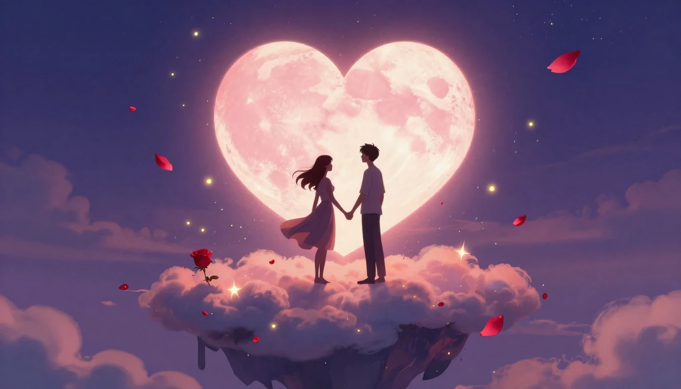 A romantic and dreamy illustration depicting two silhouettes...