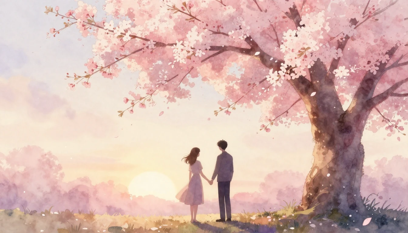 A romantic and dreamy scene featuring two silhouetted figure...