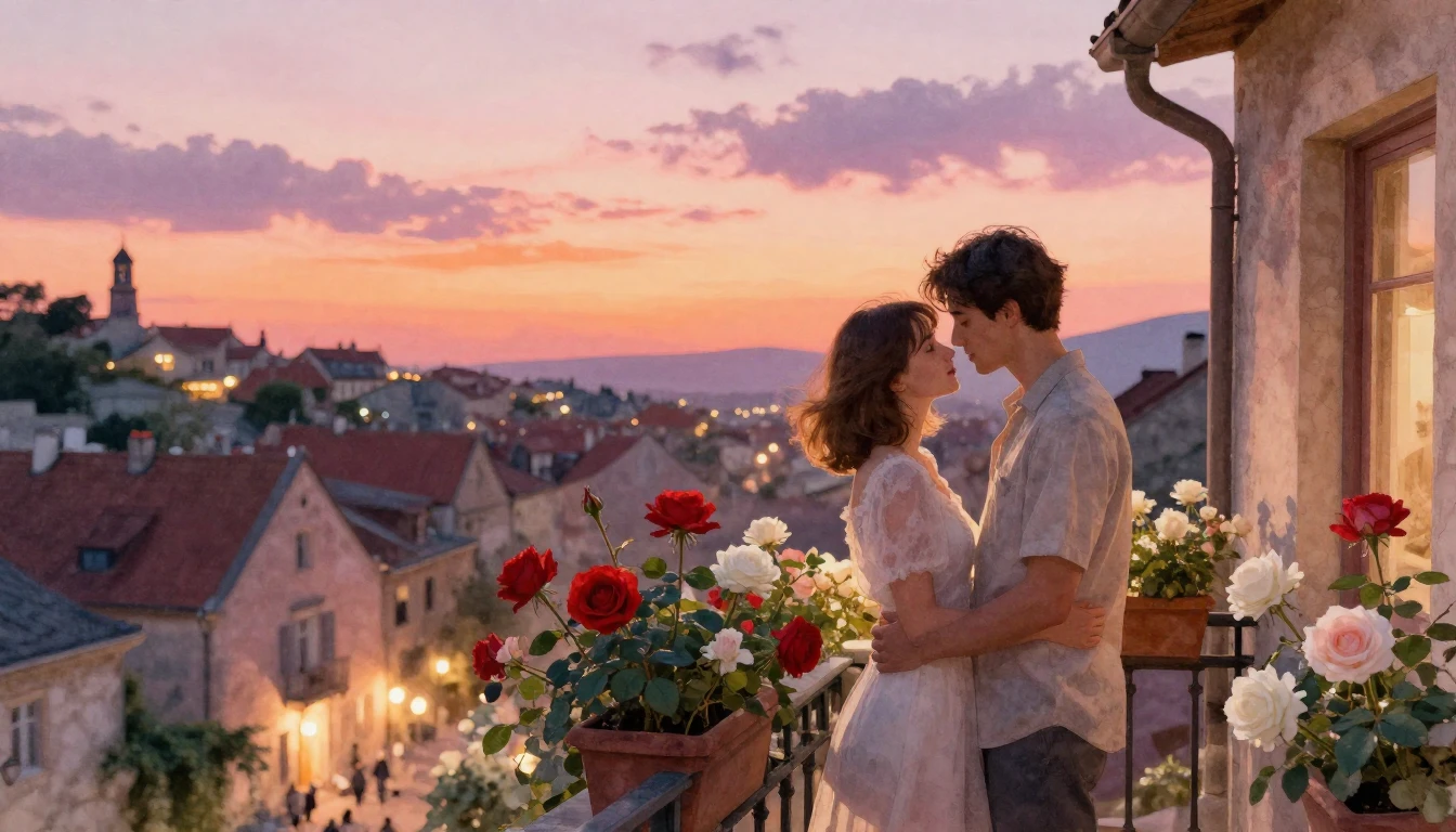 A romantic and dreamy scene of two lovers standing on a cozy...