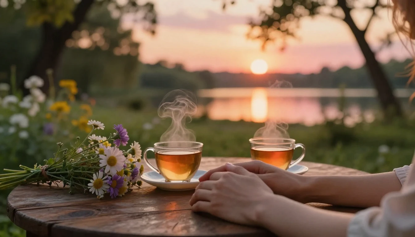 A romantic and cozy scene at sunset in a lush, blooming gard...