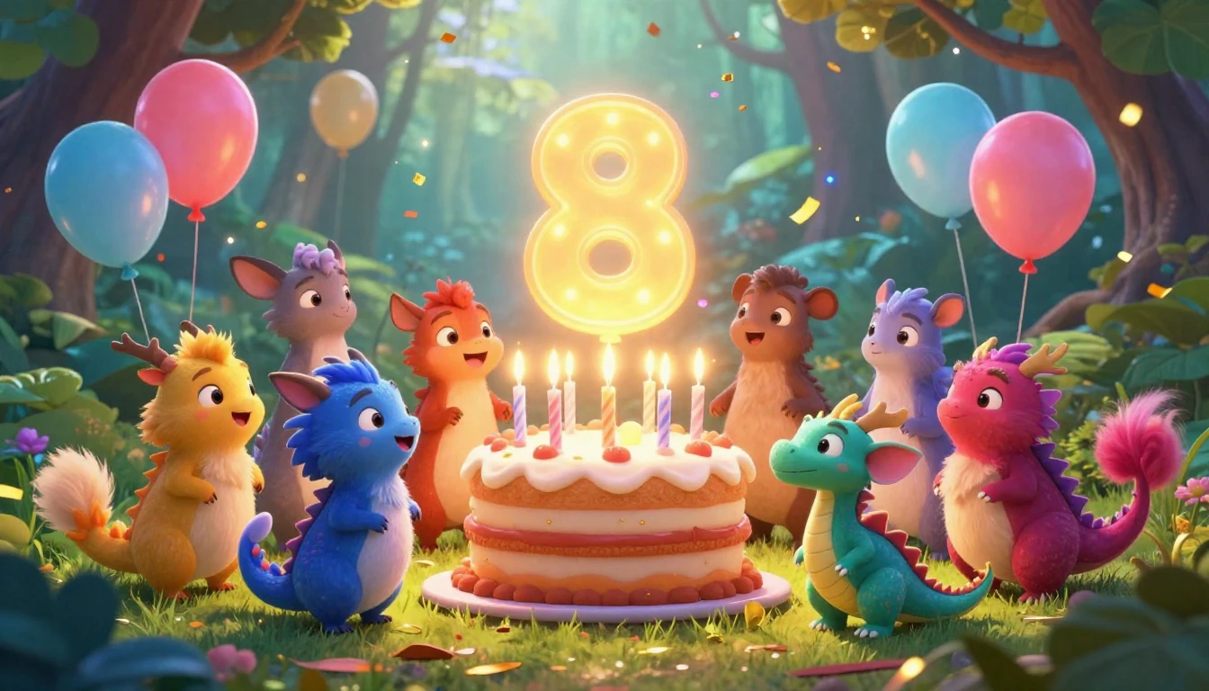 A magical and vibrant scene celebrating an 8th birthday. A g...