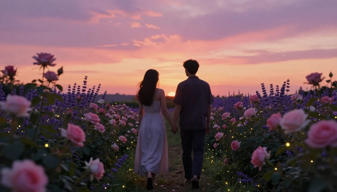 A romantic and serene scene of two silhouetted figures holdi...