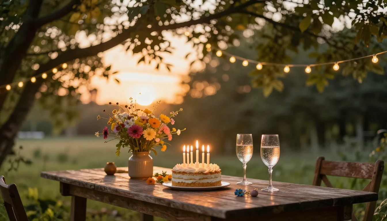 A cozy outdoor scene during the golden hour at sunset. A rus...