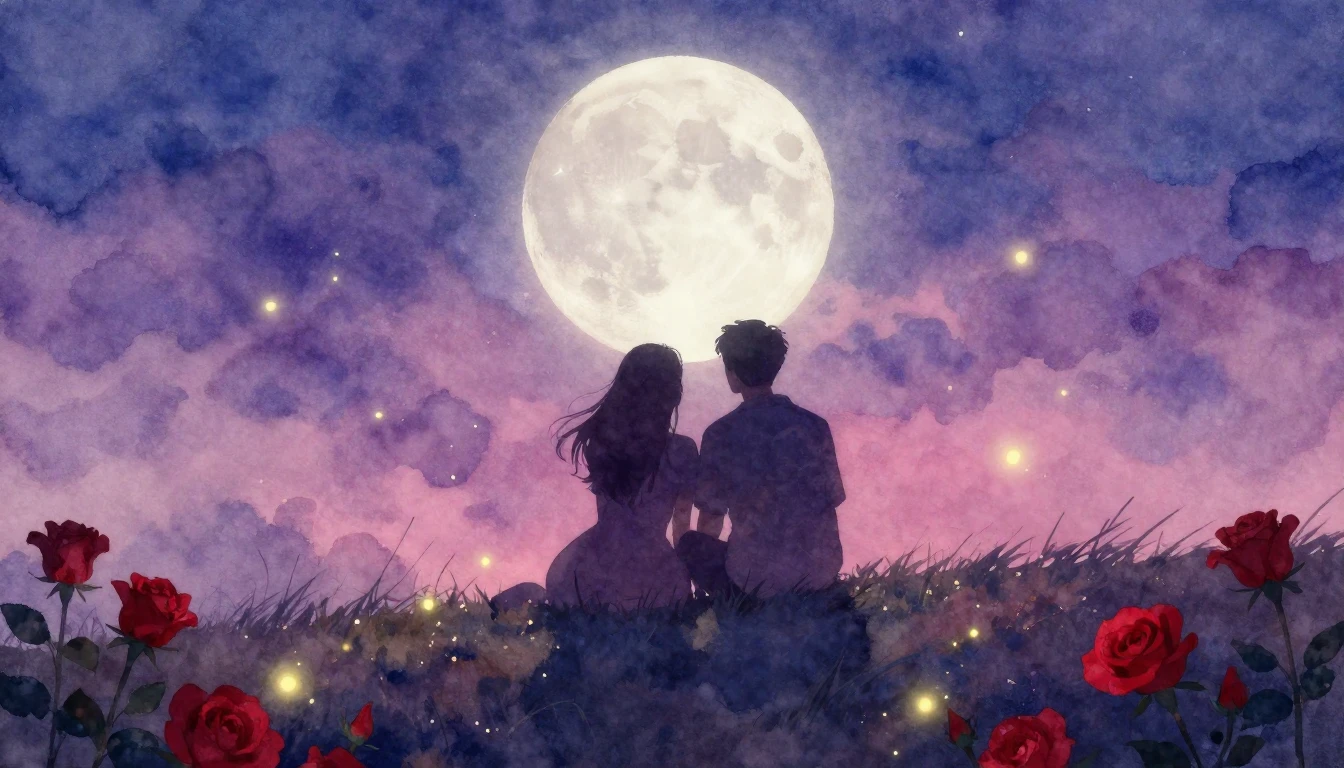 A romantic and dreamy watercolor painting featuring two silh...