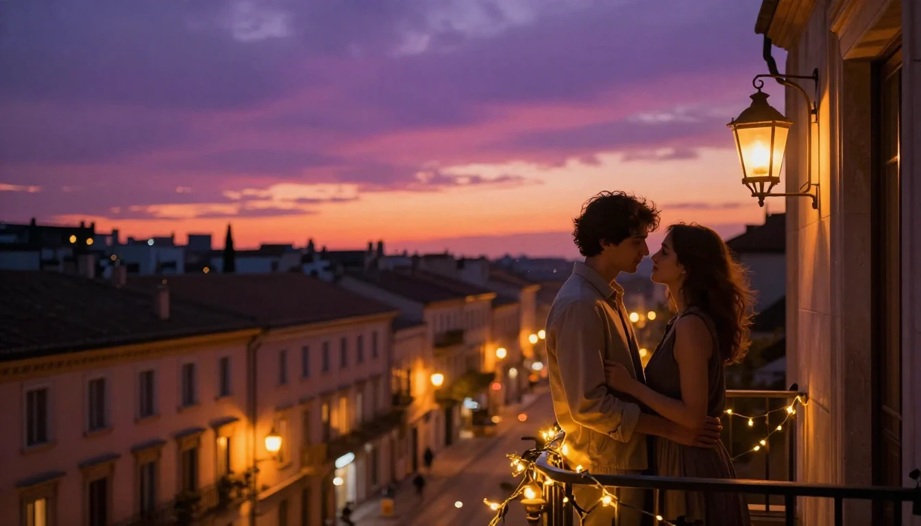 A romantic and intimate scene of a couple standing on a balc...