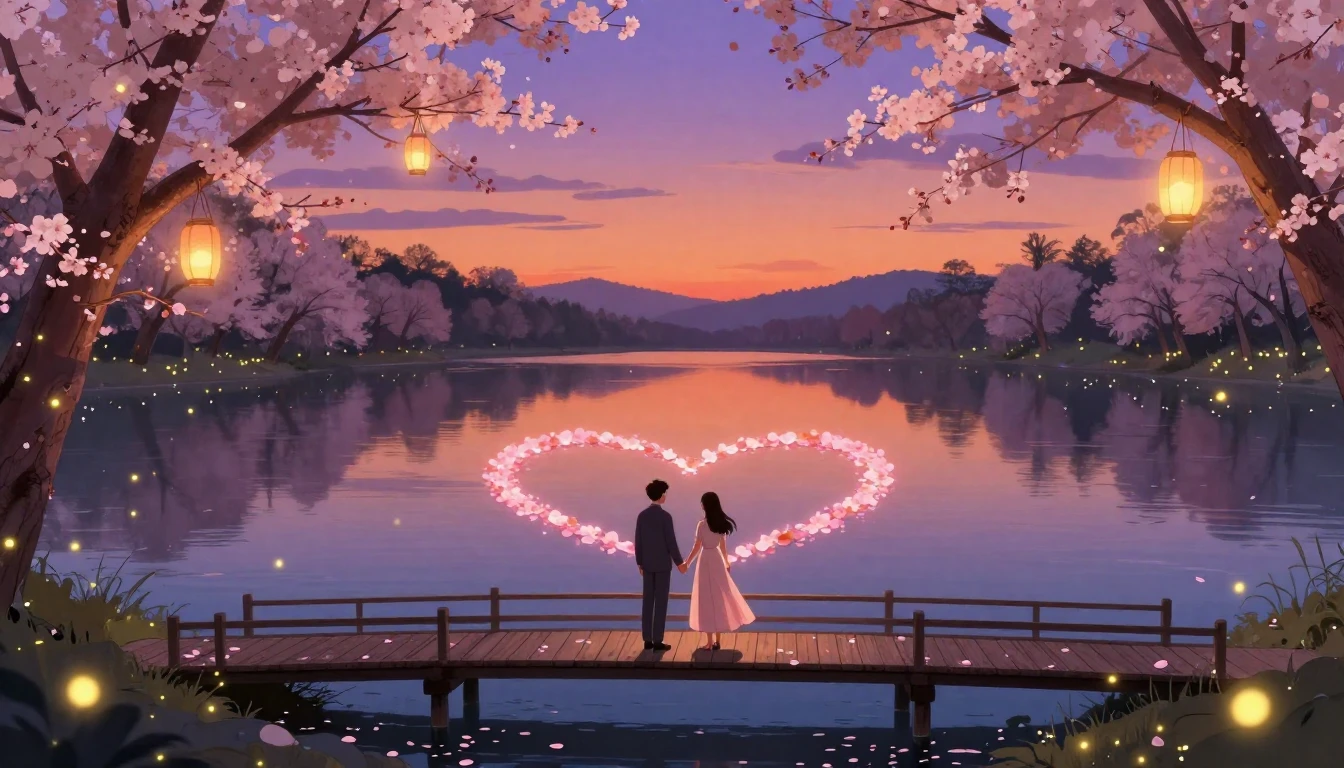 A romantic and dreamy illustration depicting a couple holdin...