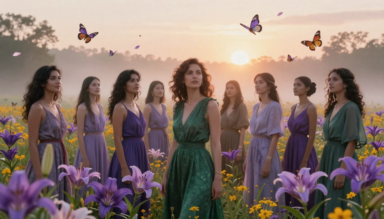 A vibrant and ethereal composition featuring a diverse group...