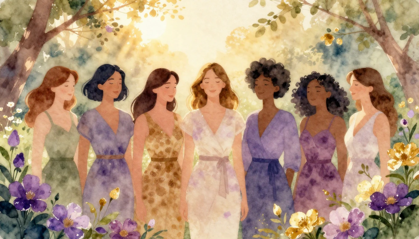 A breathtaking watercolor illustration of diverse women stan...