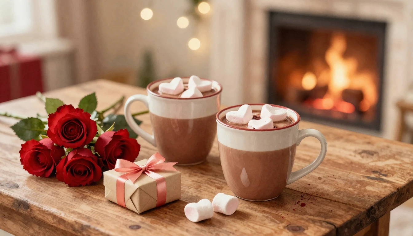 A romantic and cozy scene featuring two mugs of hot chocolat...