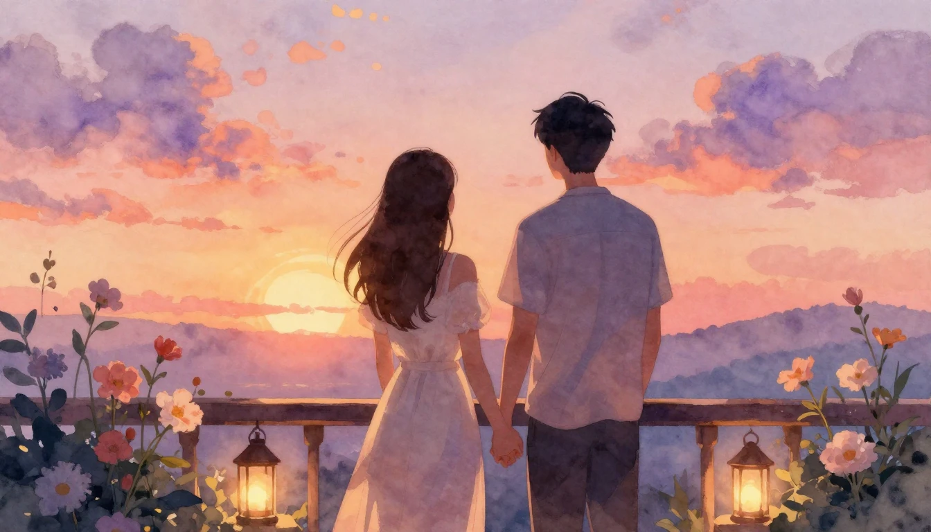A romantic and ethereal watercolor illustration of a couple ...