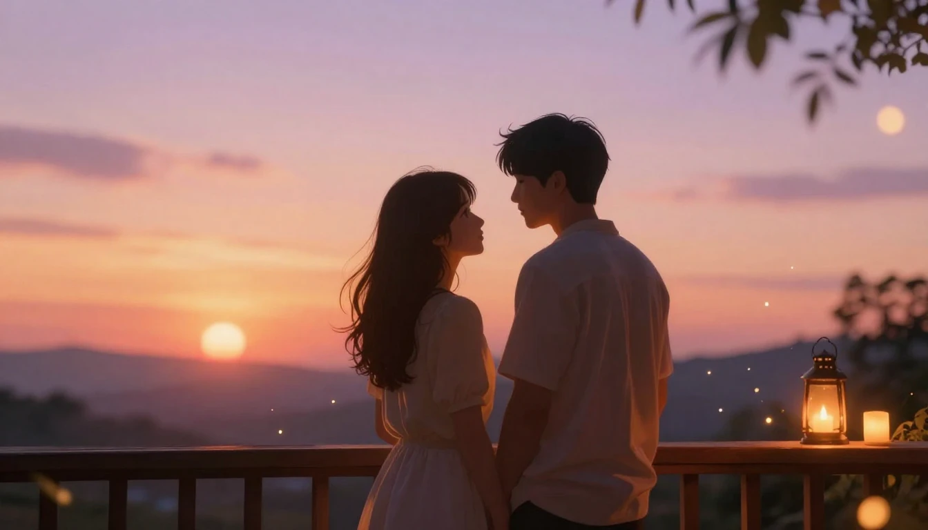 A romantic and cozy scene featuring two abstract silhouettes...