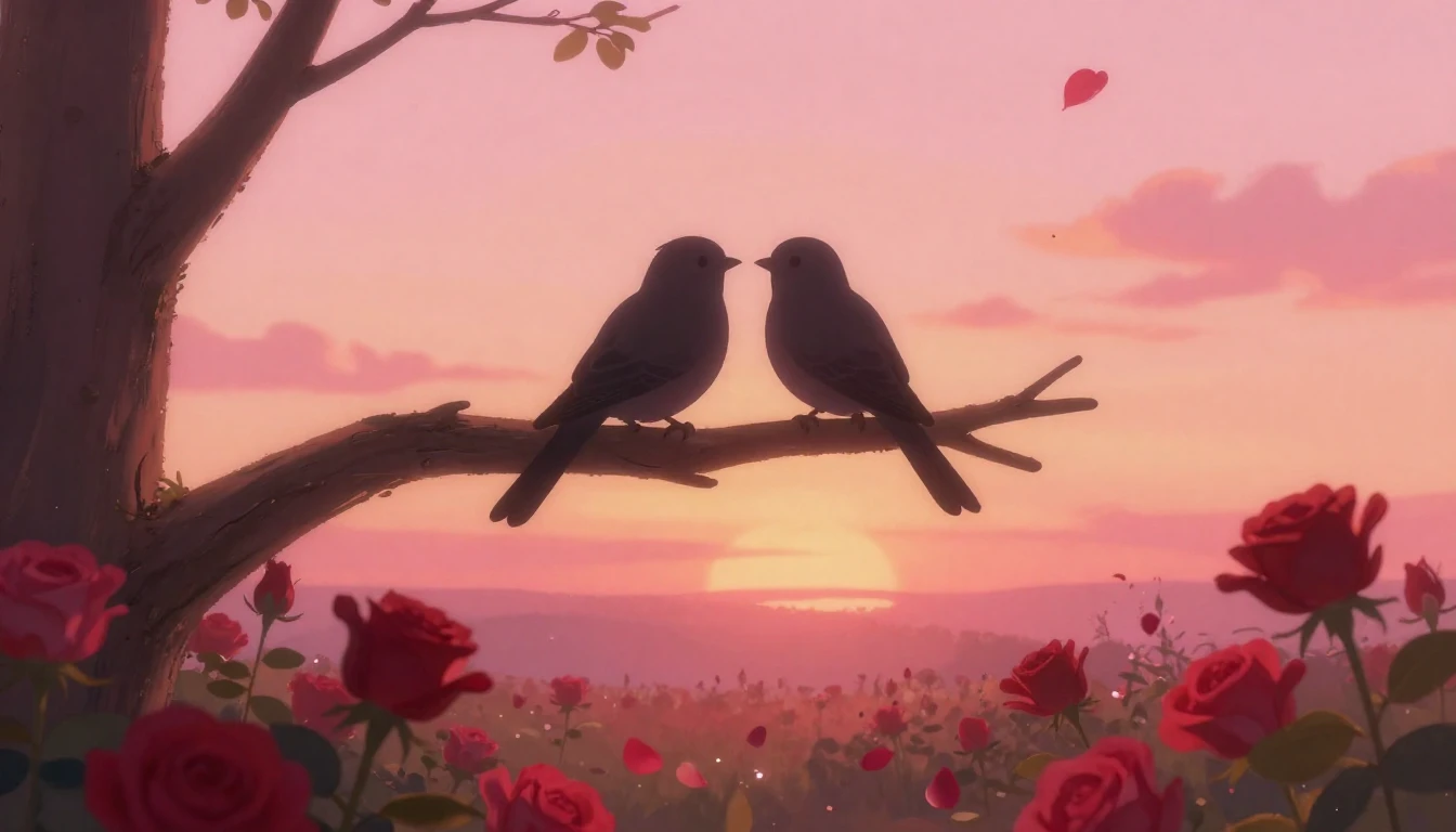 A romantic and dreamy scene featuring two silhouetted birds ...