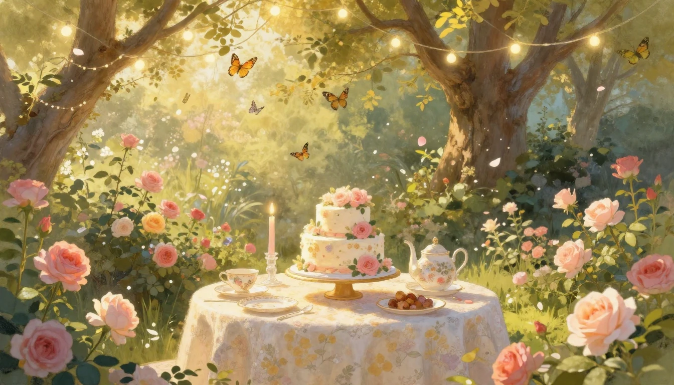 A warm and heartwarming scene of a cozy garden celebration. ...