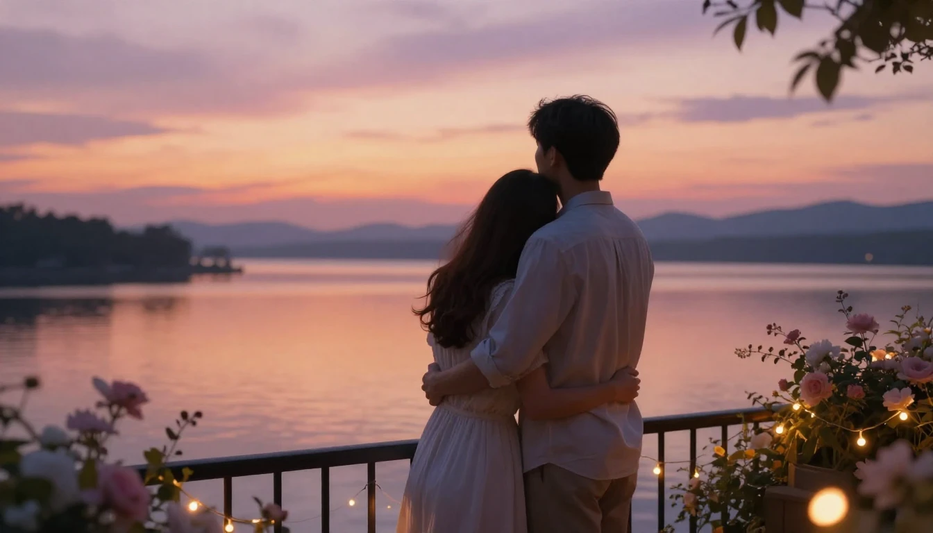A romantic and ethereal scene of a couple standing on a balc...