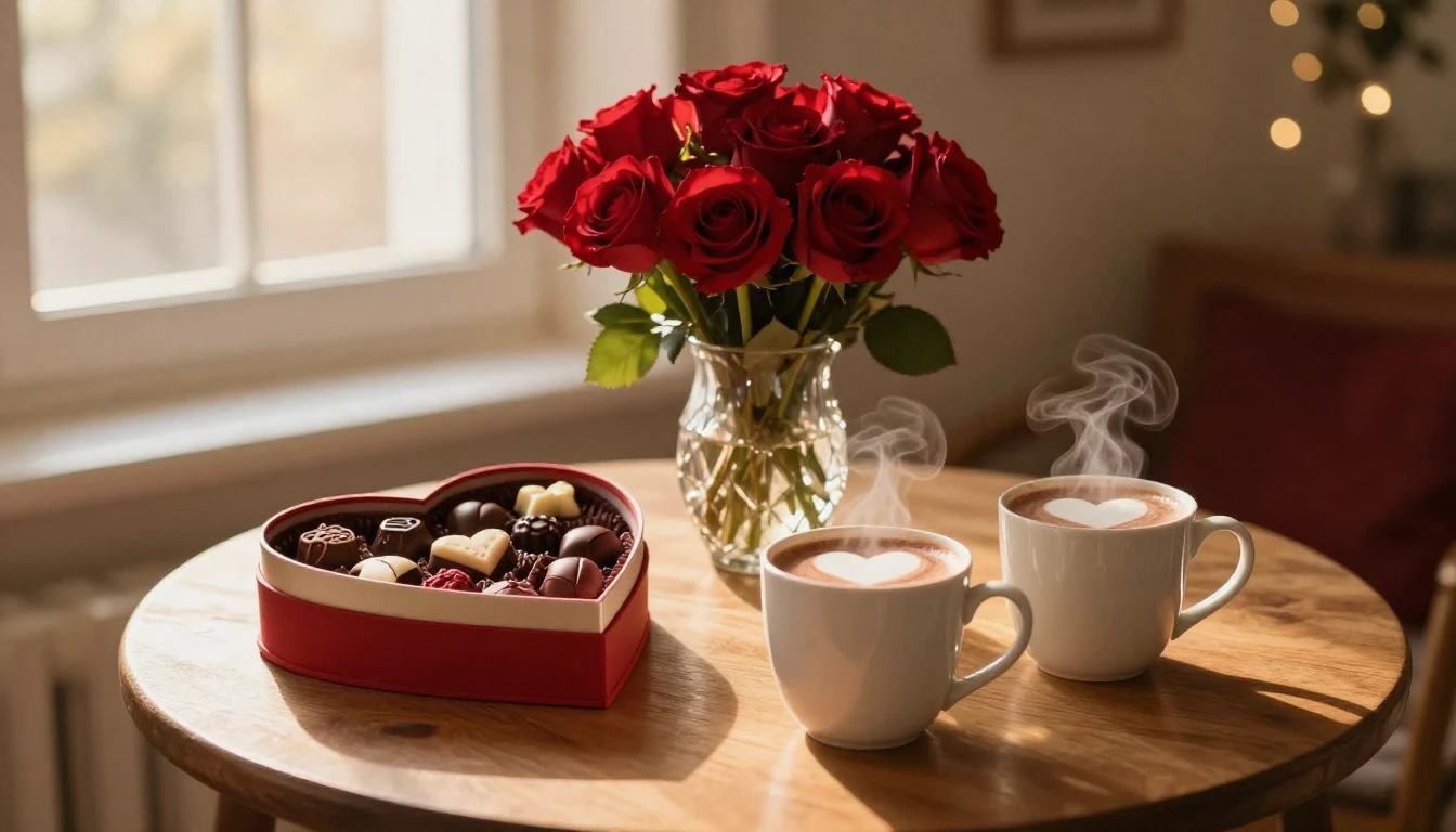 A cozy and romantic Valentine's Day scene in a warm interior...