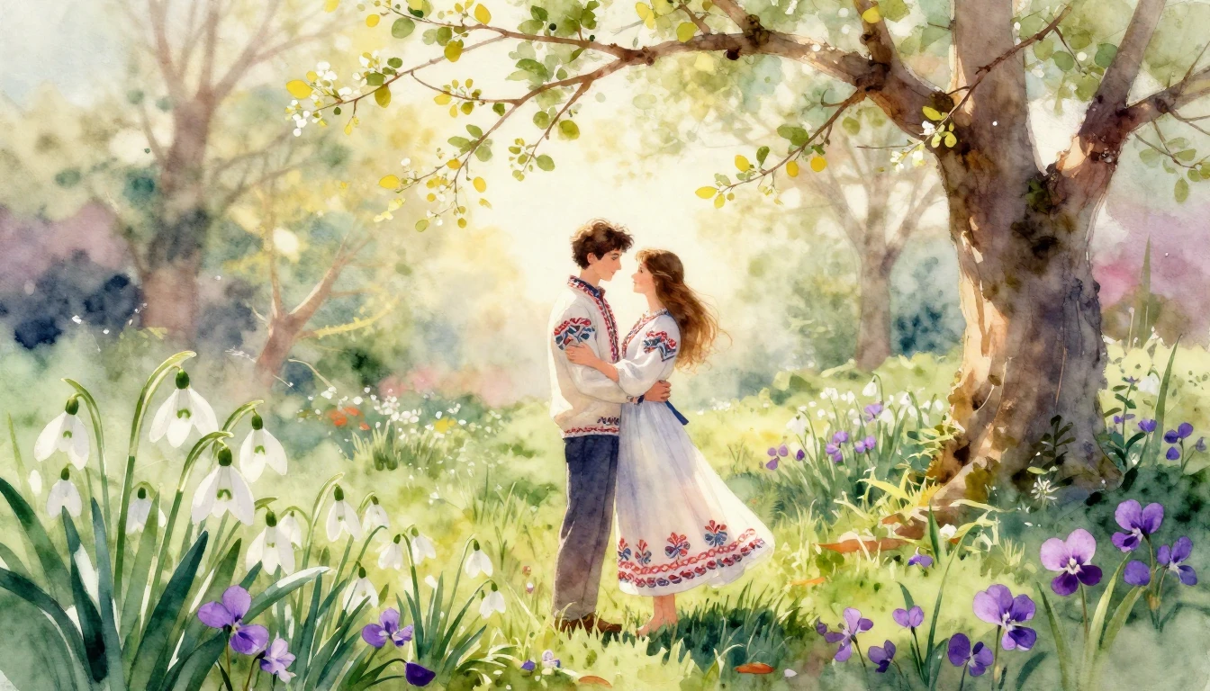 A romantic and delicate watercolor painting depicting a youn...