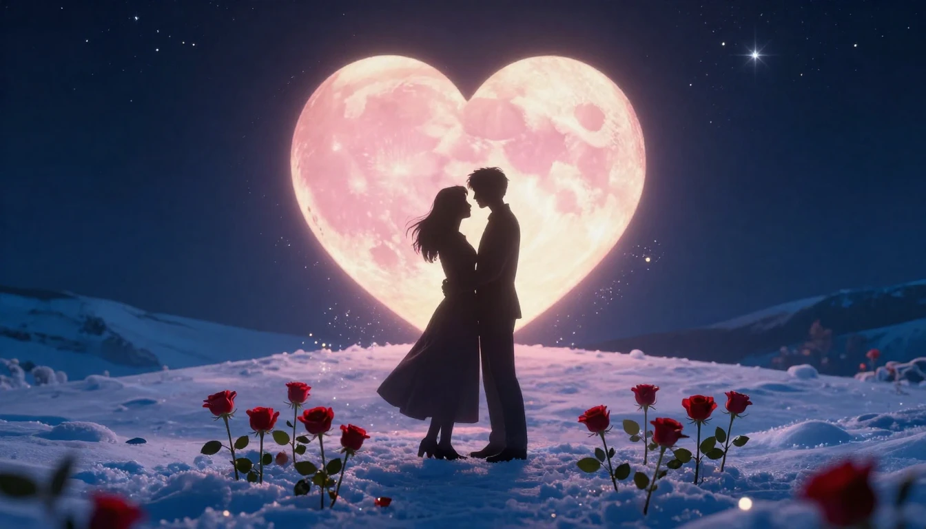 A romantic and dreamlike scene featuring two intertwined sil...