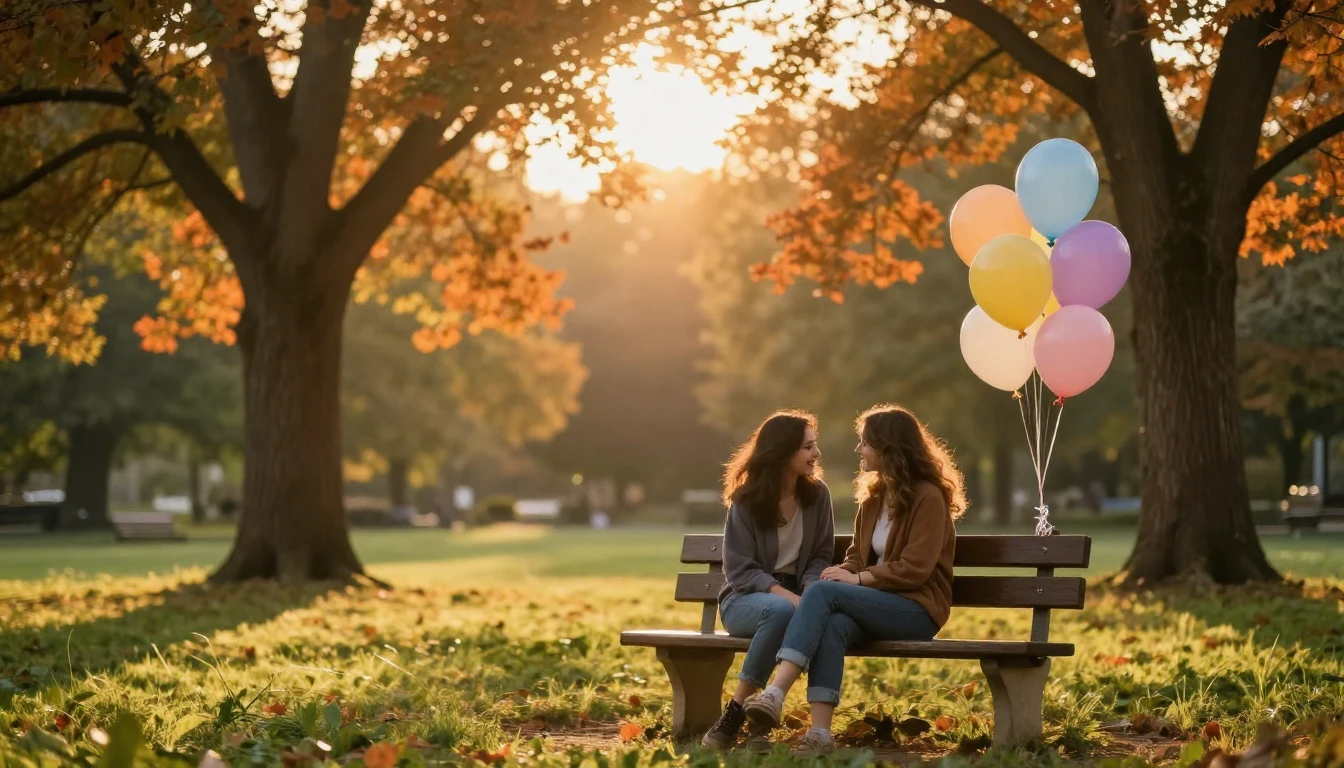 A heartwarming scene of two best friends sitting on a wooden...